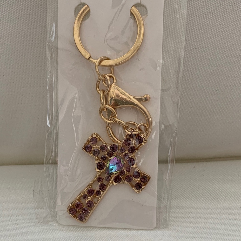 Gold-Tone Purple Crystal Cross Keychain